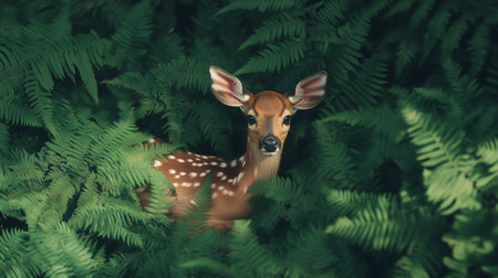 Young whitetail deer in a fern forest in the summerの写真素材