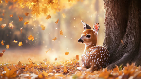 Fawn in the autumn forest with fallen leaves. 3d renderingの写真素材