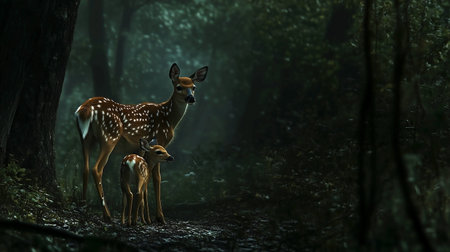 Two young fawns in the forest at night, 3d render