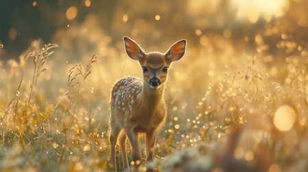 Little fawn in the meadow at sunset. Beautiful animal portrait.の写真素材