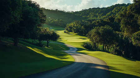 Golf course landscape with green grass and blue sky in the morningの写真素材