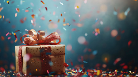 Gift box with red bow and confetti on dark background.の写真素材