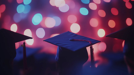 Graduation cap and mortar board on bokeh background, education conceptの写真素材