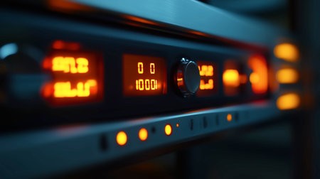 A close-up view of a modern furnace control panel with illuminated buttons and precise temperature settings, ideal for showcasing advanced HVAC technology and home heating solutions.の写真素材