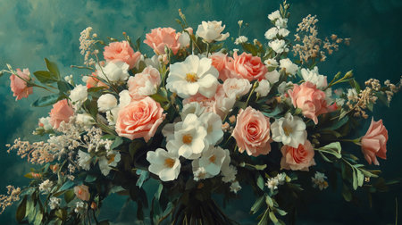 A beautifully arranged bouquet featuring a mix of flowers in soft muted colors, captured with a stunning artistic touch, perfect for showcasing elegant floral decorations and design inspirations.の写真素材