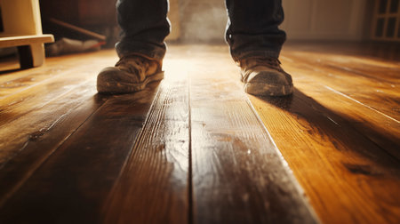 A contractor meticulously sanding and refinishing hardwood flooring, restoring its natural beauty and durability for a polished and elegant look.の写真素材