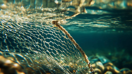 A low-angle close-up shot of a fishing net submerged underwater, highlighting its intricate weave and the rippling water's visual effect.の写真素材