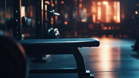 Dynamic gym equipment captured from a side angle under warm light, highlighting weights, fitness machines, and a motivating workout atmosphere for fitness enthusiasts.の写真素材
