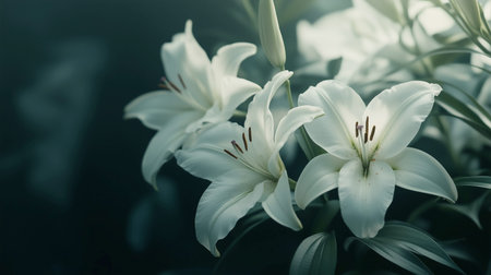 A serene close-up of white lilies with natural lighting emphasizing their soft petals and green...