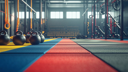 Low vantage point shot of a modern gym with colorful kettlebells and workout equipment, creating a dynamic and motivating fitness environment for health enthusiasts and gym-goers.の写真素材