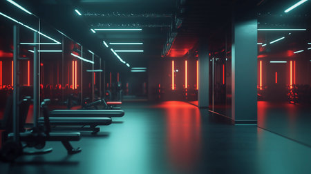 Futuristic interior of the gym with neon lights. 3D renderingの写真素材
