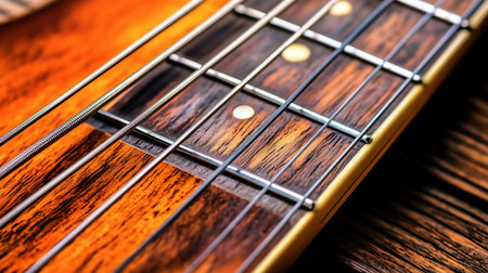 Guitar fretboard close up on a wooden background. Selective focus.