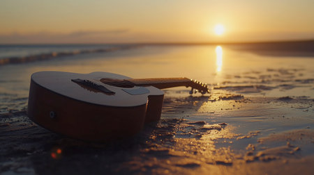 guitar on the beach at sunset, soft focus, shallow DOFの写真素材