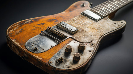 Old electric guitar on a black background. Close-up image.