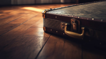 Vintage old suitcase on wooden floor. Travel and vacation concept.の写真素材