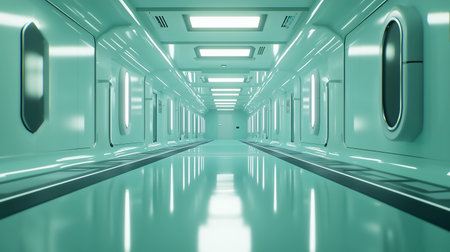 Futuristic corridor with lights and reflections. 3d rendering.