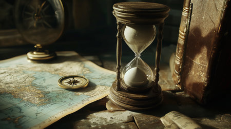 Vintage still life with hourglass, old map and compass on dark backgroundの写真素材