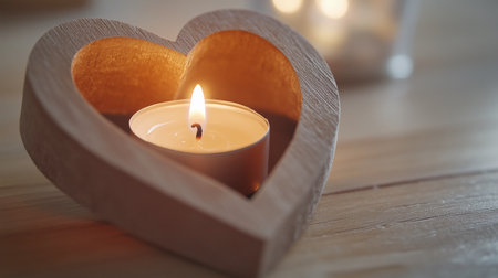 Burning heart shaped candle on wooden background. Valentine's day conceptの写真素材