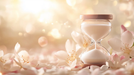 Hourglass with blooming jasmine flowers on blurred backgroundの写真素材