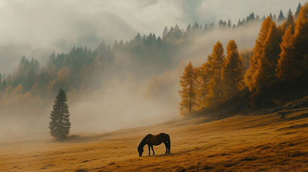 Horse in the fog in the mountains. Beautiful autumn landscape.