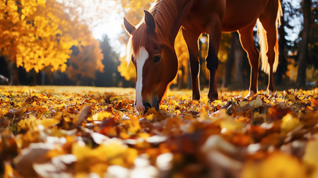 Horse grazing in the autumn park on a background of yellow leavesの写真素材