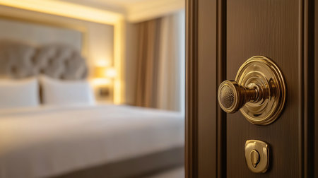 Hotel door handle and bed in hotel bedroom. 3d renderingの写真素材