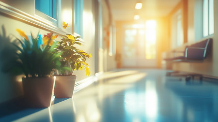 Interior of a modern hospital corridor with plants. 3d renderingの写真素材
