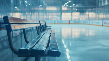 Empty bench in ice hockey rink. Horizontal, blurred background.