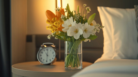 Vase with beautiful flowers on table in bedroom, closeup. Interior designの写真素材