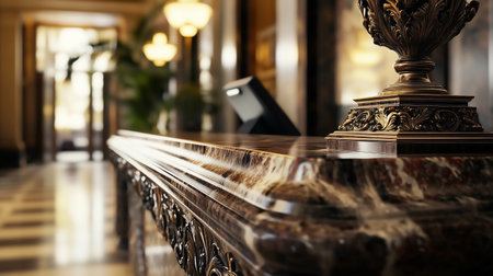 Detail of a reception desk in a lobby of a hotel.の写真素材