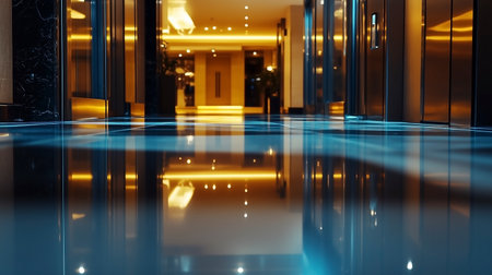 3d rendering of hallway in modern office building with reflection on floorの写真素材