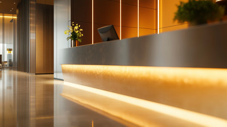 Reception counter in modern hotel lobby. 3d rendering and illustration.の写真素材