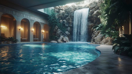 Luxury hotel resort swimming pool and waterfall at night. 3d rendering