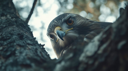 Close-up portrait of a red-tailed hawk in a treeの写真素材