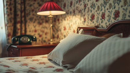 Interior of a hotel bedroom with a bed and a vintage telephoneの写真素材