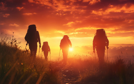 Hikers with backpacks on the trail in the mountains at sunset.の写真素材