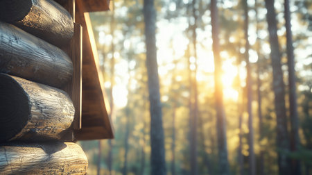 Wooden log house in the forest at sunset, close-upの写真素材