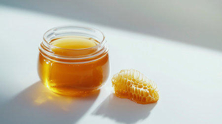 Honey in a glass jar on a white background with shadows.の写真素材
