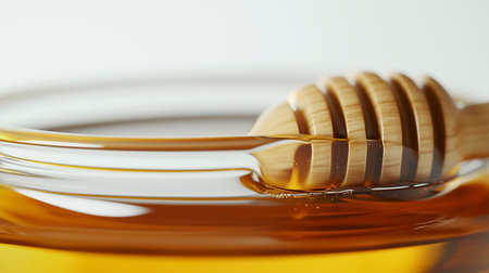 Honey dripping from a wooden honey dipper on a white backgroundの写真素材