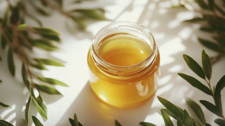 Olive oil in a glass jar on a white background with green leavesの写真素材