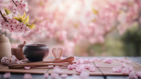 Cherry blossoms and teapot on wooden table with blurred backgroundの写真素材
