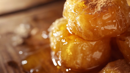 Sweet honeycombs on wooden table, closeup. Delicious dessertの写真素材
