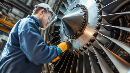 Engineer working on airplane engine. Airplane maintenance and repair.
