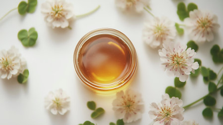 Cup of herbal tea with flowers on white background, top view