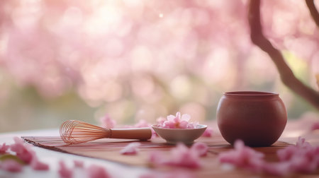 Cup of tea and whisk on bamboo mat with pink cherry blossom background