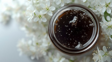 Coffee in a glass jar on a background of spring flowers