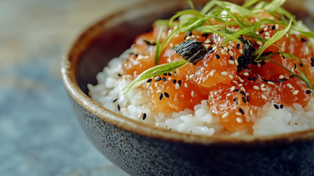 Salmon poke bowl with rice and sesame seeds, selective focus