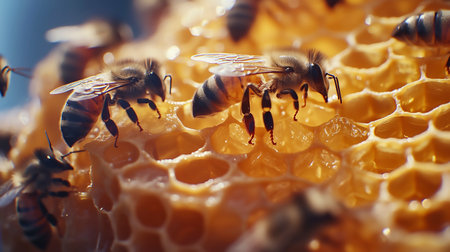 Close up view of the working bees on honeycells. Honeycomb with bees.の写真素材
