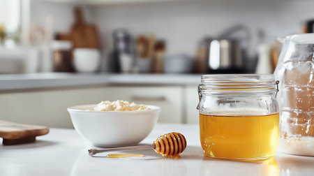 Jar of honey and ingredients on white table in kitchen, closeupの写真素材