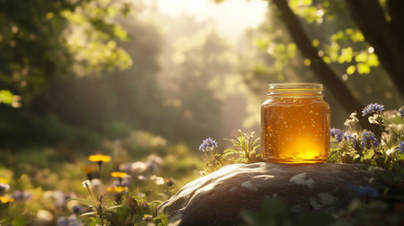 Honey in a glass jar on a stone in the forest.